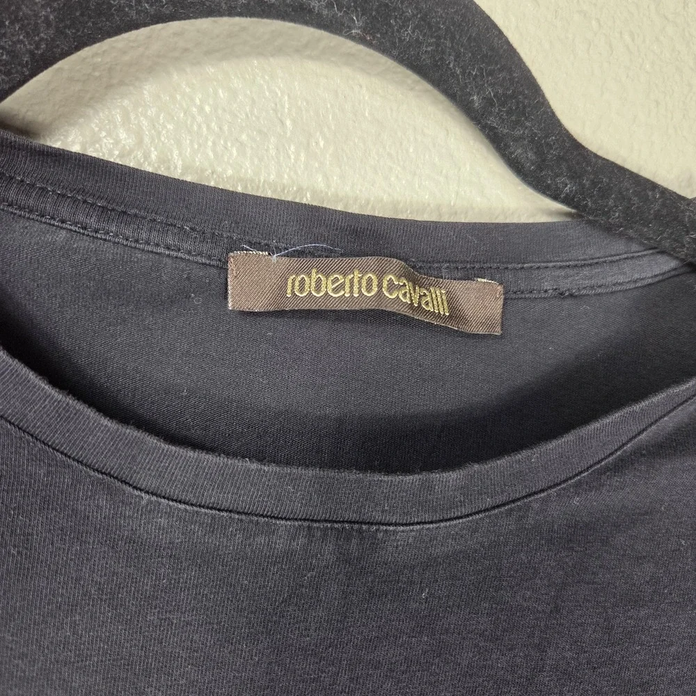 Roberto Cavalli Logo T Shirt Women's L Black Stretch Cotton Graphic Tee Italy